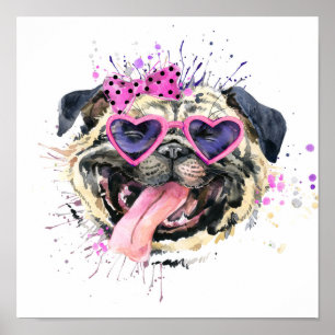 Poster Pug De Aquarela Cor-De-Rosa-Cor-De-Cobra
