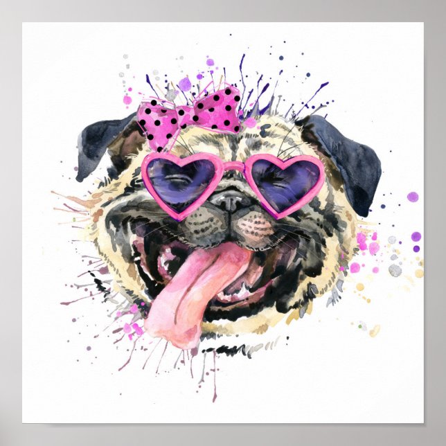 Poster Pug De Aquarela Cor-De-Rosa-Cor-De-Cobra (Frente)