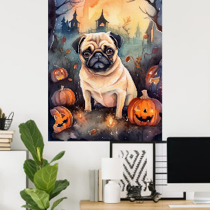 Poster Pug De Halloween Com Pumpkins Assustado