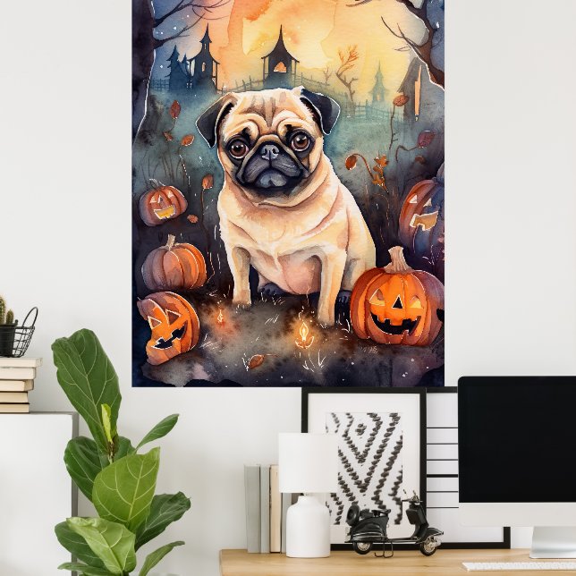 Poster Pug De Halloween Com Pumpkins Assustado (Escritório em casa)