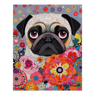 Pôster Pug Dog and Flowers 001 - Tailor jewel