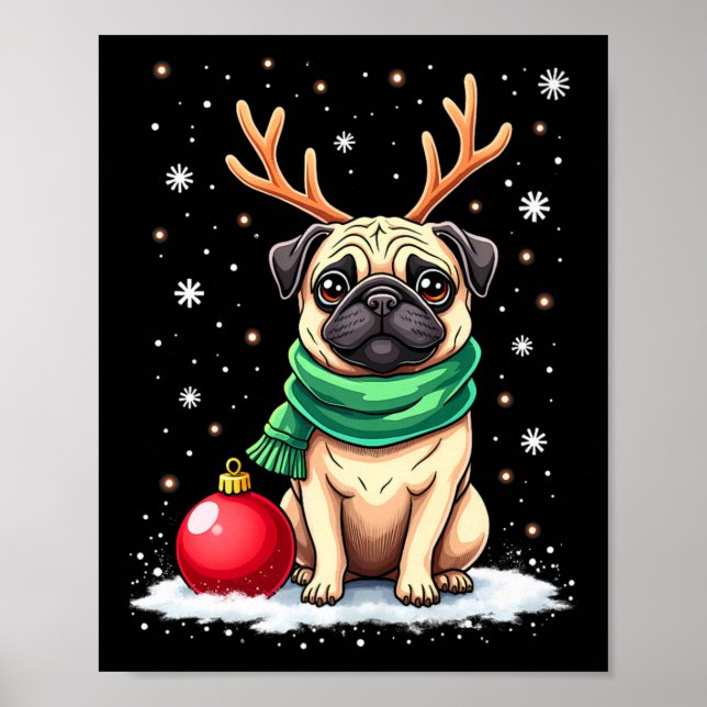 Poster Pug Dog Reindeer Xmas Cachorro Passa Família Engra (Frente)