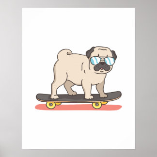 Poster Pug Dog Skater Skateboard Gifes Engraçados