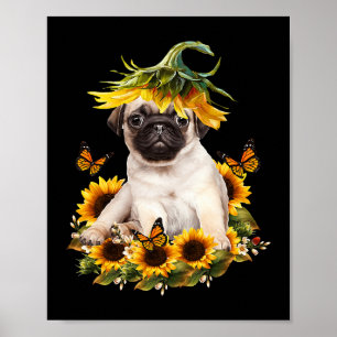 Poster Pug Dog Sunflower Butterfly Cachorro Dons Para Sob