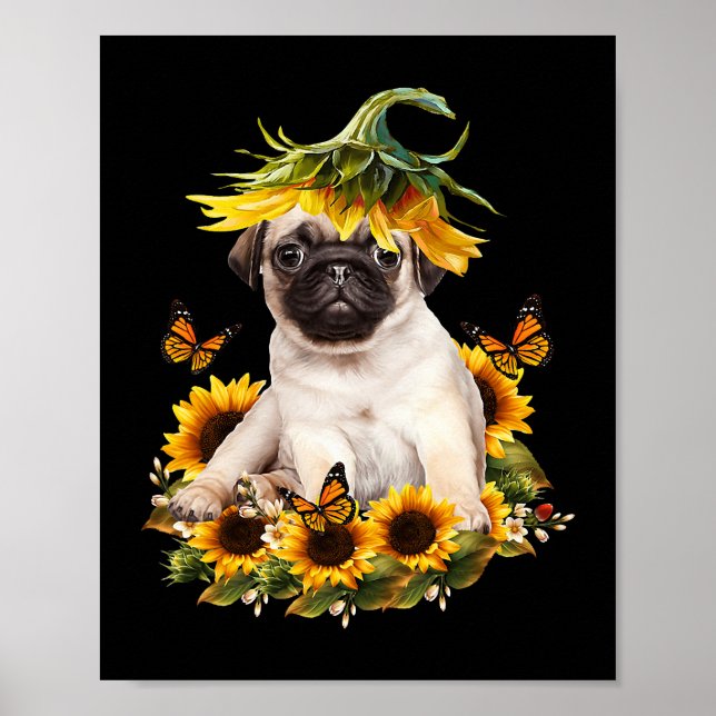 Poster Pug Dog Sunflower Butterfly Cachorro Dons Para Sob (Frente)