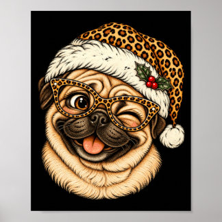 Poster Pug engraçado de Natal com chapéu de Papai Noel de