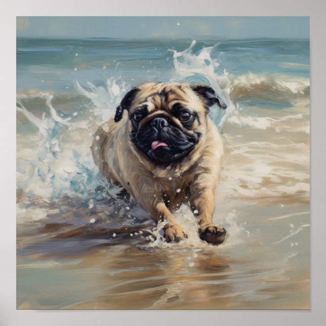 Poster Pug Feliz na Praia (Frente)