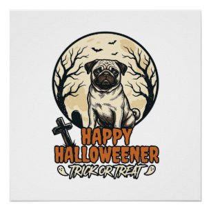 Pôster Pug Halloween Doces ou Travessuras Desenho de Grav