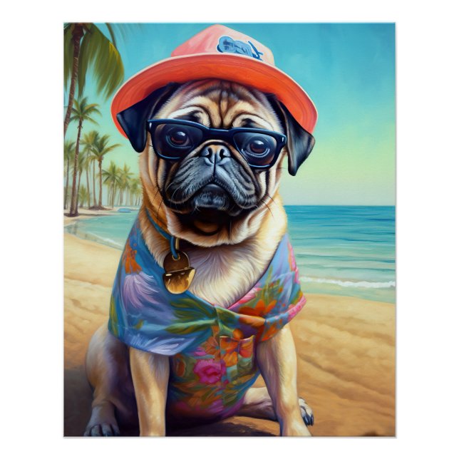 Pôster Pug na Praia, presente de verão para amantes de ca (Frente)
