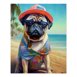 Pôster Pug on Beach, presente de verão para o amante do c