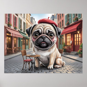 Poster Pug Parisiense em Café na Calçada