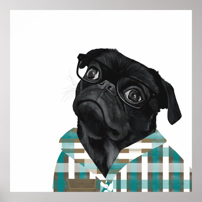 Poster Pug Preto Cachorro Com Óculos E Checar Camisa (Frente)