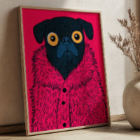 Pug Preto Engraçado em Arte de Moda Animal com Pel