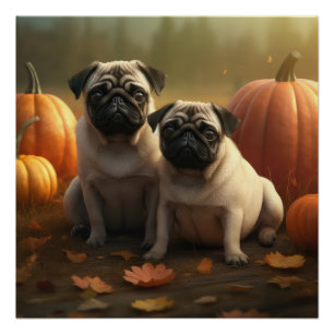 Pôster Pug Puppy Autumn Delight Pumpkin