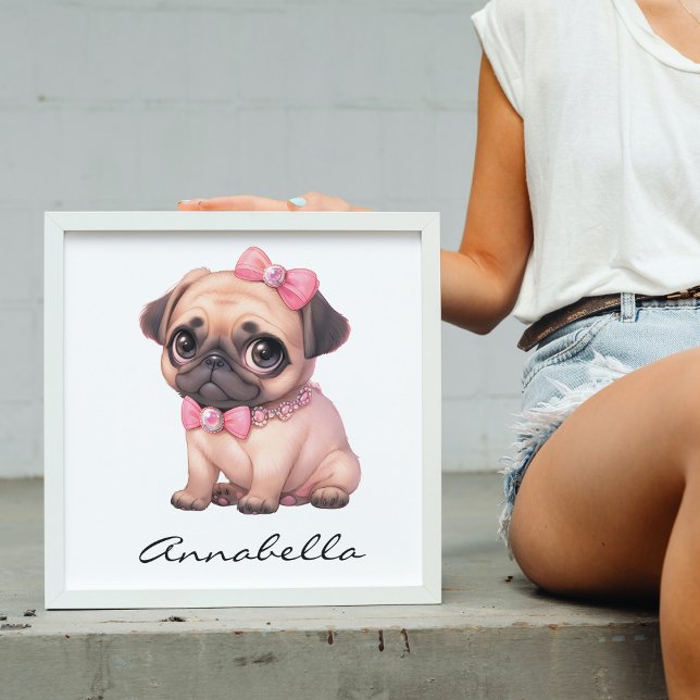 Poster Pug Puppy Com Ilustração De Arco Rosa Nome Persona (Pug Puppy With Pink Bow Illustration Custom Name Poster-Adorable Dog Lover Nursery Wall Art Decor)