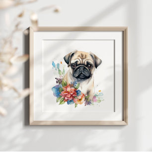 Poster Pug Puppy Pet Watercolor Flor