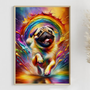 Poster Pug Rainbow Splatter Art colorido para Pug Lover
