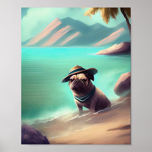 Poster Pug se divertindo na pintura de praia (Frente)