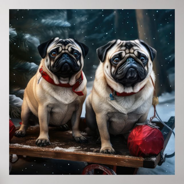 Poster Pug Snowy Sleigh Decoração de Natal (Frente)
