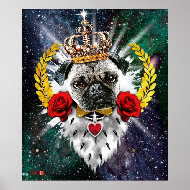 Pôster Pug the King with Crown + Red Roses (Frente)