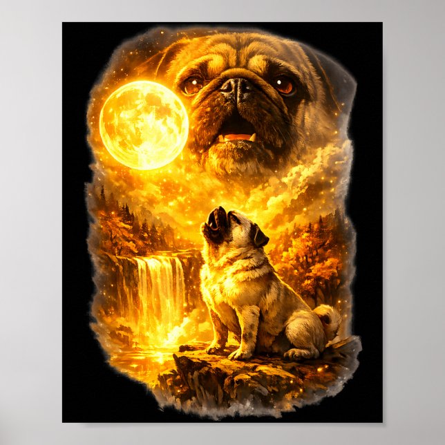 Poster Pug uivando para a lua floresta épica fantasia  (Frente)