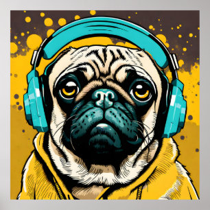 Poster Pug vestindo fones de ouvido