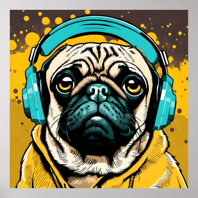 Poster Pug vestindo fones de ouvido (Frente)