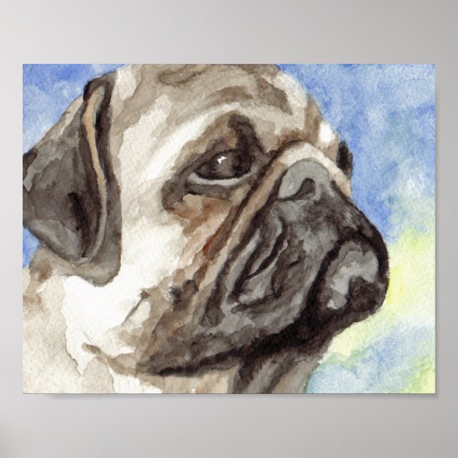 Pôster Pug Watercolor Retrato (Frente)
