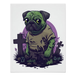 Pôster Pug Zumbi � Cachorro de Halloween Divertido e Sem