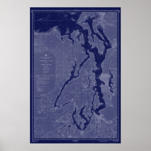 Poster Puget Sound Vintage Map Nautical Chart Blue Art