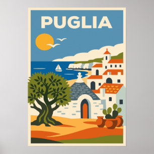 Poster Puglia Itália Oliveira Trullo Viagem Folk Retrô