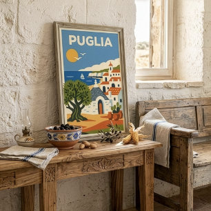 Poster Puglia Itália Oliveira Trullo Viagem Folk Retrô