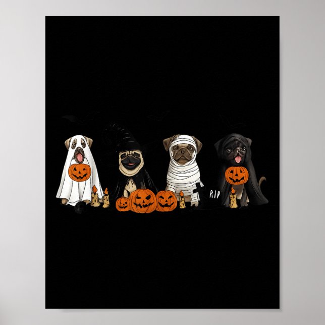 Poster Pugs Dog Lovers - Pug Ghost Pug Witch Pug Hallowee (Frente)