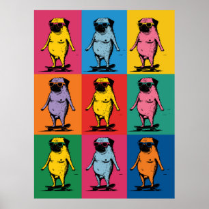 Poster Pugs Engraçados em Skateboards Grade de Arte Pop