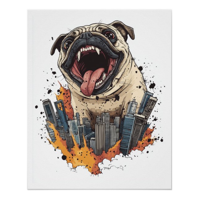Pôster Pugzilla Ataca � Cachorro Monstro Engraçado (Frente)