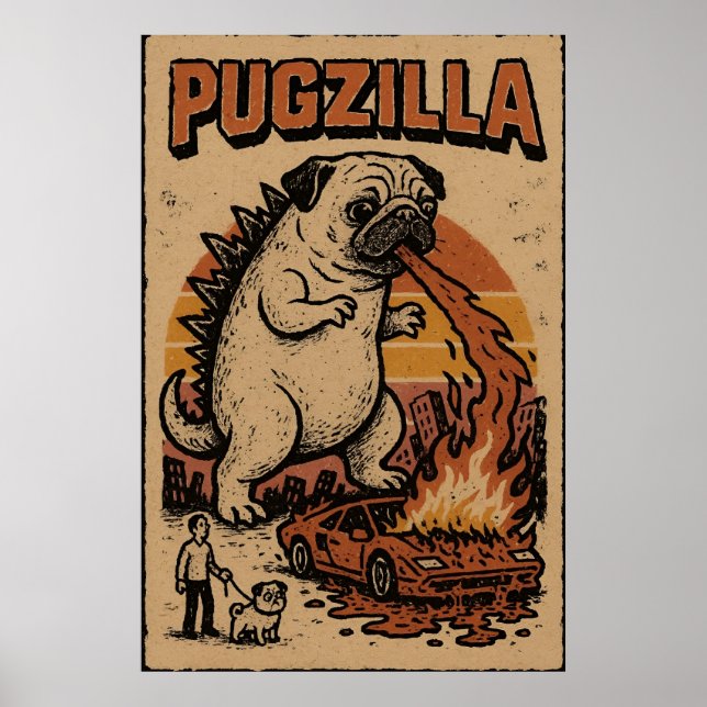 Poster Pugzilla – Ilustração de Monstro Pug Fofo (Frente)