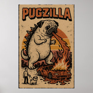 Poster Pugzilla – Ilustração de Monstro Pug Fofo