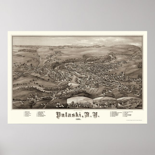 Pôster Pulaski, Novo Mapa Panorâmico - 1885 (Frente)