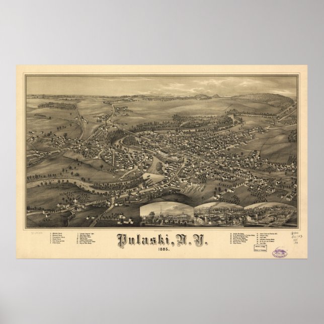 Pôster Pulaski, NY Birds, 1885 Ver Mapa Panorâmico (Frente)