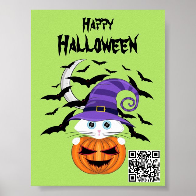 Poster Pumpkin assustador com Gatinho branco e chapéu de  (Frente)