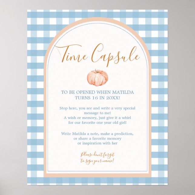 Poster Pumpkin Boho Blue Gingham Aniversário Hora Cápsula (Frente)