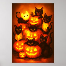 Poster Pumpkin brilhante do Halloween com Gato Negro Boni