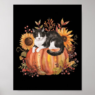 Poster Pumpkin Fall Tuxedo Cat Sunflower Ação de Graças S