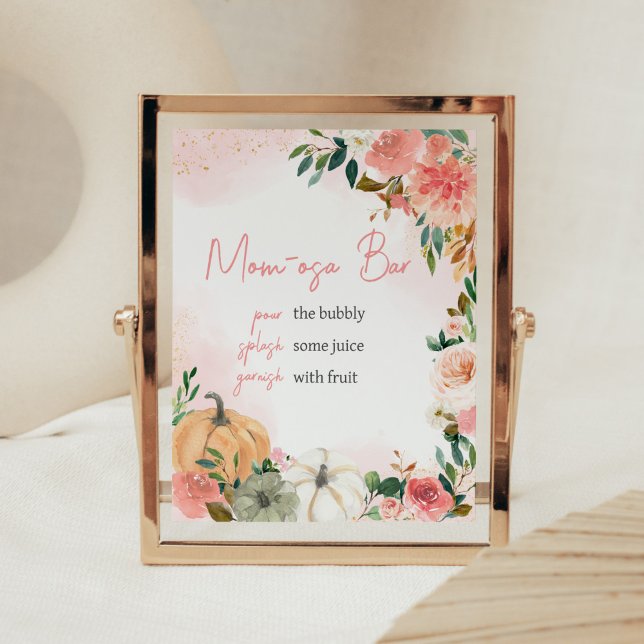 Poster Pumpkin Floral Mãe Bar Osa (Autumn Floral Pumpkin Baby Shower Mom Osa Bar Sign)