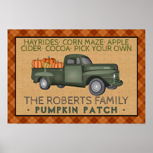 Poster Pumpkin Patch Fazenda Vintage Truck Fall Xadrez Ru (Frente)