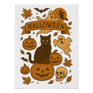 Pôster Pumpkin Preto de Gato Preto do Dia das Bruxas