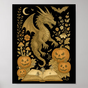 Poster Pumpkin Spooky Leitura Ha Do Dragão Floral Retro