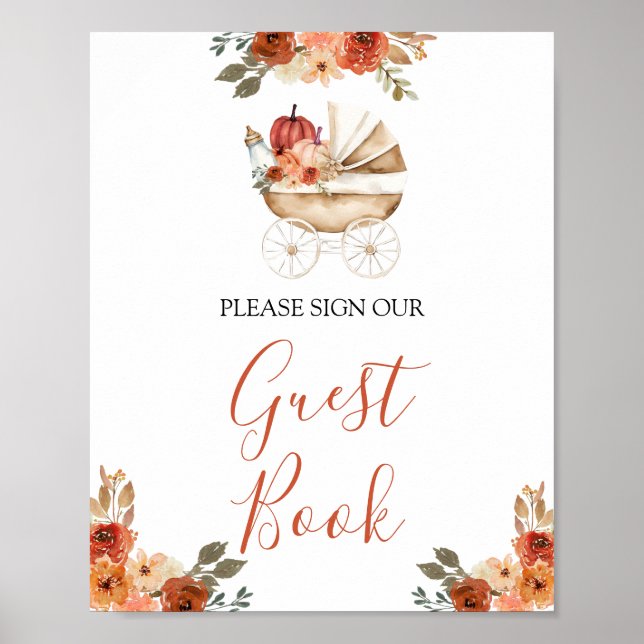 Poster Pumpkin Stroller Floral Baby Shower Guest Book (Frente)