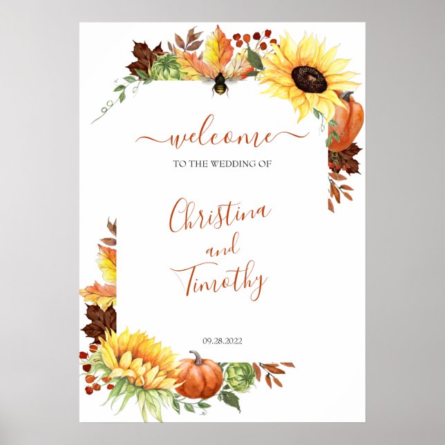 Poster Pumpkin Sunflower Casamento outono Sinal de boas-v (Frente)