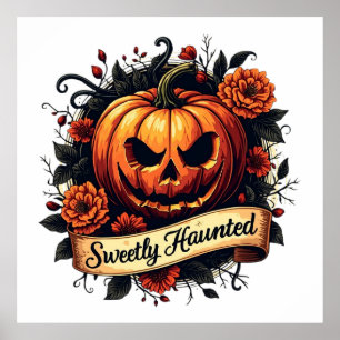 Poster Pumpkin Vintage Doce-Assombrado Floral Halloween